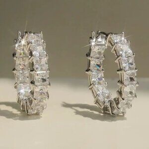 Huggie Small Hoop Earrings w/ Clear Princess Cut Stones and Tons of Bling #1424